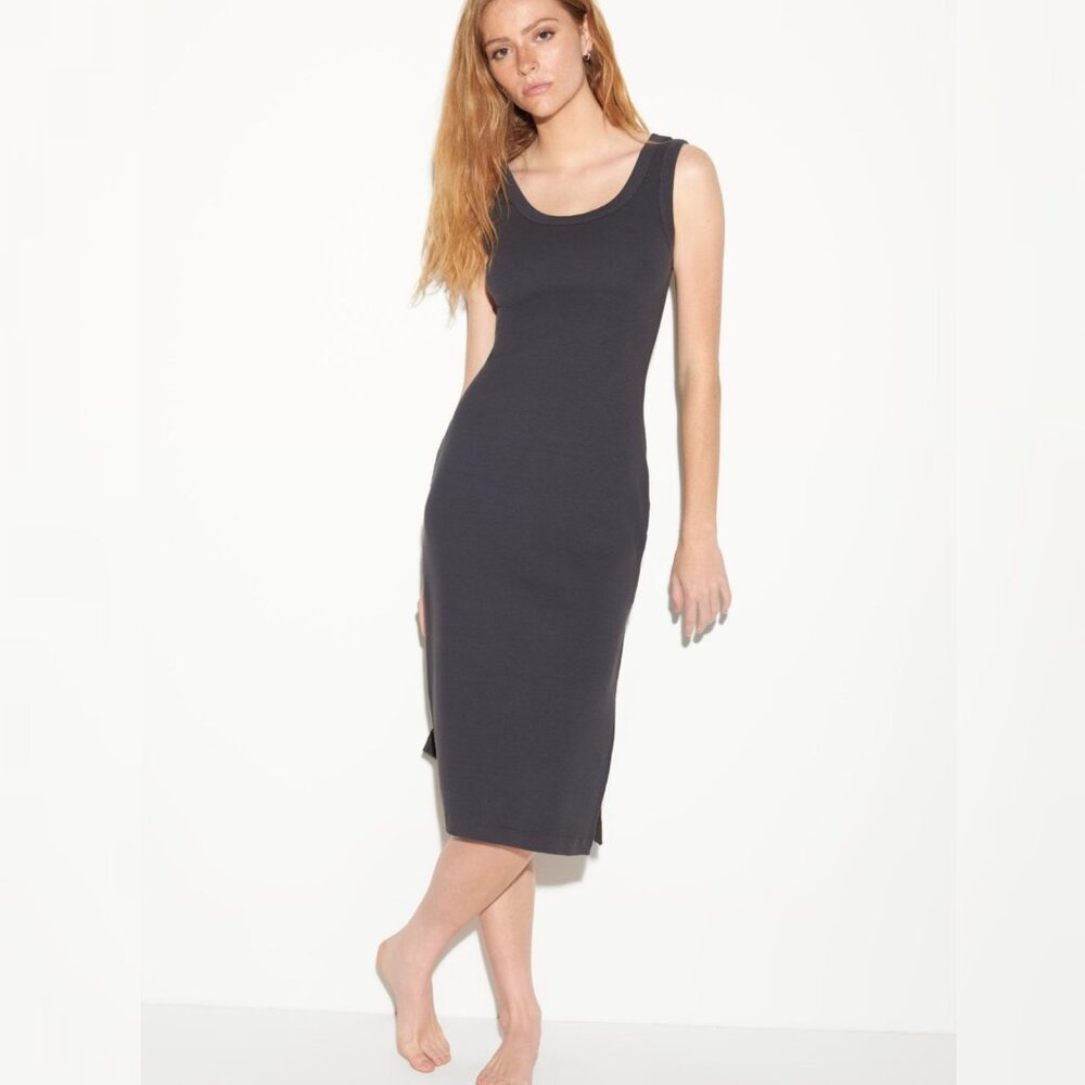 NWT Spiritual Gangster - M Women's Camille Rib Knit Midi Dress In Ash/black $168